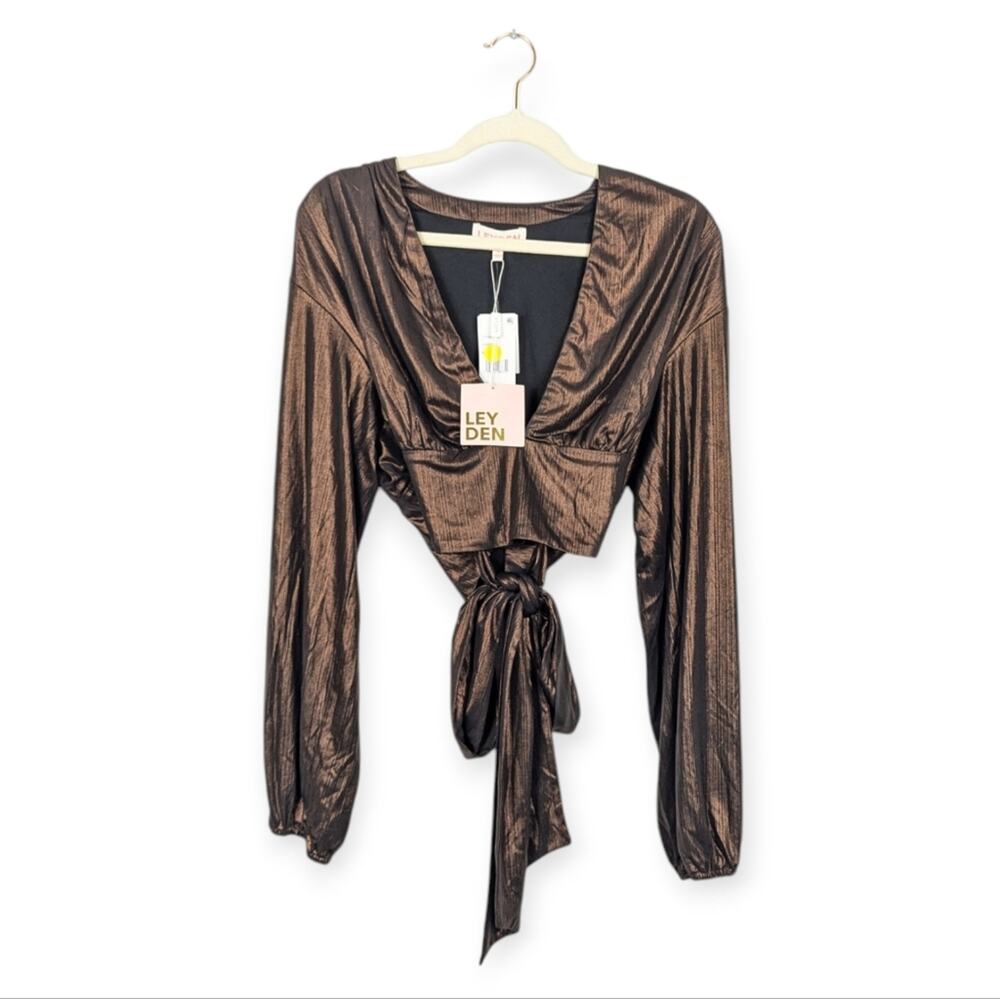 Leyden Blouse M Copper Tie Waist V Neck Long Sleeve Satin NWT